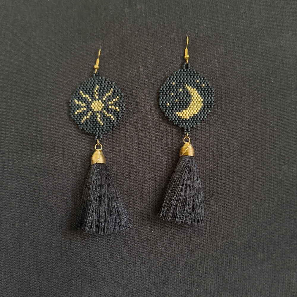 Black and Gold Beaded Tassel Earrings